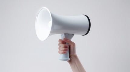 Female hand holding a megaphone isolated on a white background.