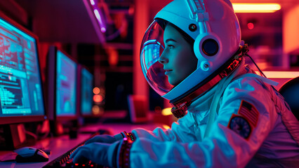 A happy teenage student using a computer and wearing an astronaut costume
