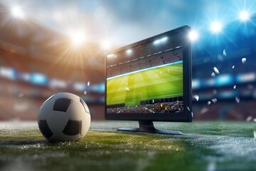 Streaming tv of a soccer match in a stadium. Generative AI - 733061264