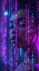 Obraz premium An african beautiful woman with nice manicures, Intricate vertical lines of purple and blue code cascade around her as holograms 