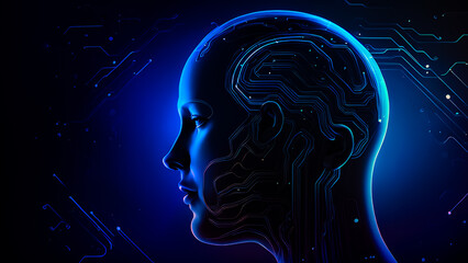human head. artificial intelligence robot dark blue background