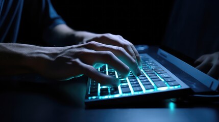 closeup of man hands using laptop on dark background