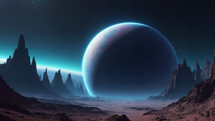 view of a planet with a distant horizon and mountains,