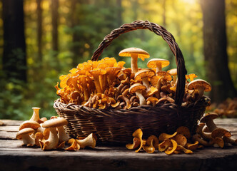 Mushrooms chanterelles in a wicker basket on a wooden table - obrazy, fototapety, plakaty