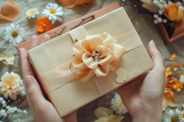 Hands holding craft paper gift box with as a present.