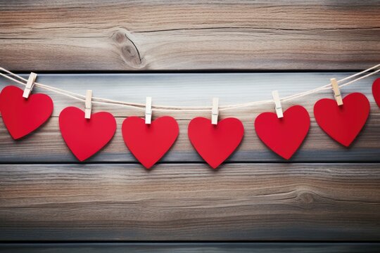Red paper heart hanging on the clothesline on wood background with copy space. Row of red hearts on clothespins. Valentine's day, Mother's day, Women's Day , Wedding and love concept.