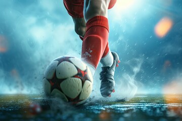 Soccer player ready to kick the soccerball in a field during a match. Generative AI - 733062030