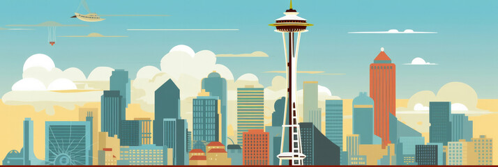 Seattle city panorama, urban landscape. Business travel and travelling of landmarks. Illustration, web background. Buildings silhouette. United States - obrazy, fototapety, plakaty