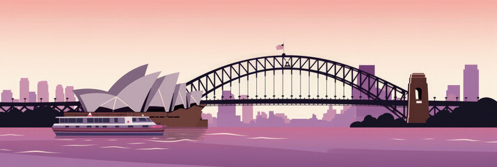 Sydney city panorama, urban landscape. Business travel and travelling of landmarks. Illustration, web background. Buildings silhouette. Australia