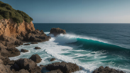 Obraz premium view of a wave breaking on a rocky shore, 