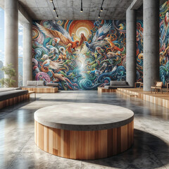 Empty wood table with ART theme in the background