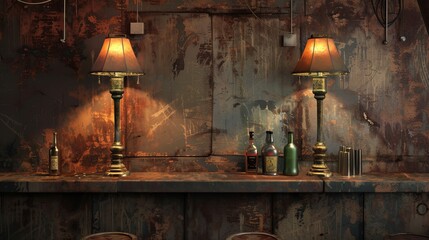 Metal table and vintage lamps with liquor bar background - obrazy, fototapety, plakaty