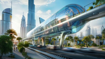 Metro railway among among glass skyscrapers in Dubai. Traffic on street in Dubai. Museum of the Future in Dubai. Cityscape skyline. Urban background.