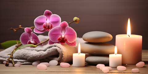 Spa still life with spa stones, burning candles and orchid High End Spa Wellness Background Massage Stone Orchid Flowers Towels and Burning Candles.