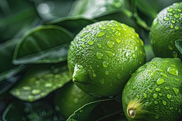 Green lemons with drops of water, fruit texture