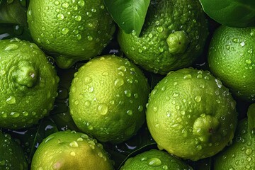 Green lemons with drops of water, fruit texture, background