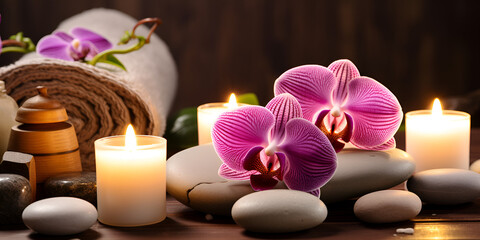 Obraz na płótnie Canvas Spa composition with candles pebbles and flowers on the table close up Stack of spa stones towel flower and candle isolated on brown background.