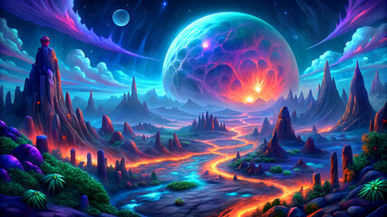 Alien planet with lava rivers in outer space