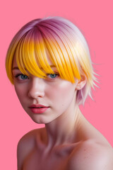 Portrait of a young woman with multicolored hair.