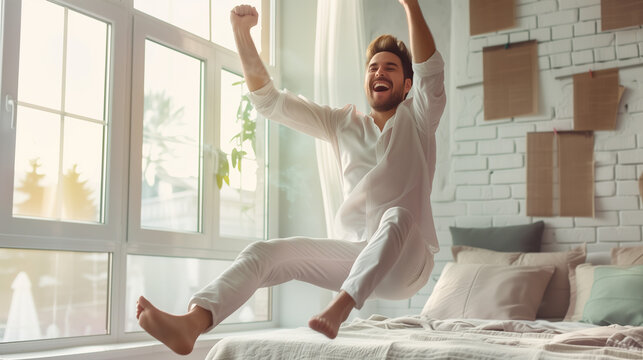 Joyful man leaps from bed with arms raised on a bright morning