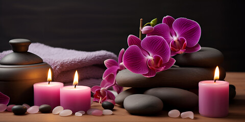 Obraz na płótnie Canvas A soothing spa still life with pink orchid flowers composition featuring a pile of black stones lit candles and beautiful orchids is shot outdoors in a garden setting near towel black background.