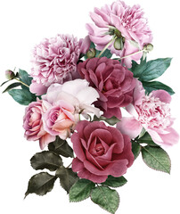 Pink peony and roses isolated on a transparent background. Png file.  Floral arrangement, bouquet of garden flowers. Can be used for invitations, greeting, wedding card. - obrazy, fototapety, plakaty