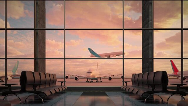 A cinematic view of an airplane landing at sunset, seen through a spacious airport terminal window. Perfect for travel, aviation, and business-related projects. (Ultra HD 4K 3840x2160 CG Animation)