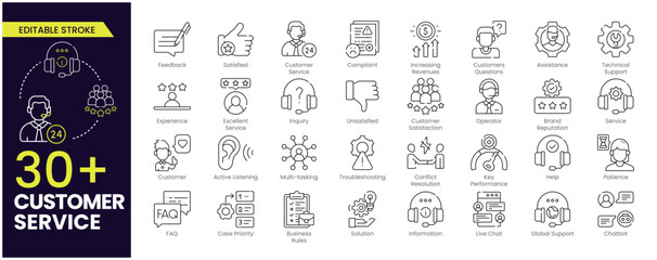 Customer service Stroke icon set. Containing customer satisfied, assistance, experience, feedback, operator and technical support icons. Editable Outline icon collection.