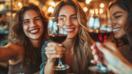 Group of young girls friends smiling and raising their wineglass to toast in the celebration of an anniversary about unfocused background of a bar with lights. Ai generated