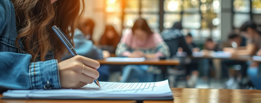 Close up view of a student hand writing notes in a notebook during a focused study session in a classroom setting