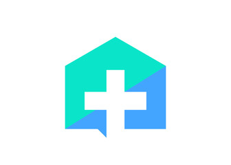 Hospital Logo. House with Cross Plus Sign. Flat Vector Logo Design Template Element for Healthcare and Medical Logos.