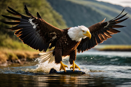 Extreme Close-up Picture of a Bald Eagle with Spread Wings Catching Salmon Fish, created with Generative AI technology