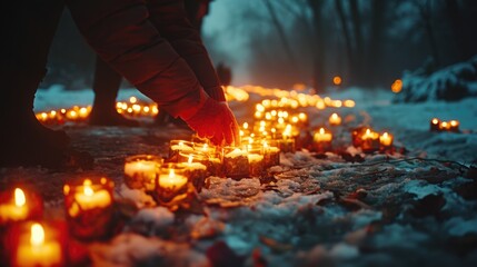 Festival Photography, people lighting candles during Imbolc celebration, Close-Up Shot, Spiritual Reawakening, Soft Candlelight, Warm Tones Amidst Winter's End