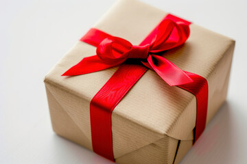 Gift box with red ribbon, on the white background.