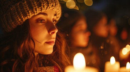 Festival Photography, people lighting candles during Imbolc celebration, Close-Up Shot, Spiritual Reawakening, Soft Candlelight, Warm Tones Amidst Winter's End - obrazy, fototapety, plakaty