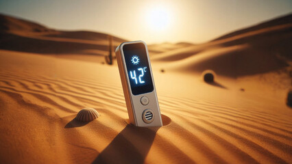 A digital thermometer displays a temperature of 42 degrees Celsius in a desert landscape. - obrazy, fototapety, plakaty