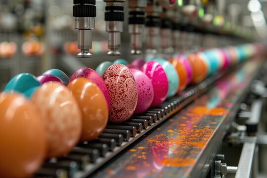 The production line showcases a vibrant array of Easter eggs in a gradient of pink to orange, symbolizing a blend of industrial efficiency and festive creativity. The image is rich with color.
