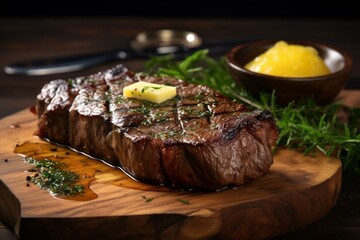 Delicious steak on wooden board adorned with melted butter. Generative AI