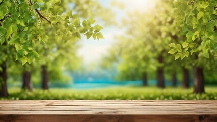 Spring nature background with green trees foliage and wooden table top