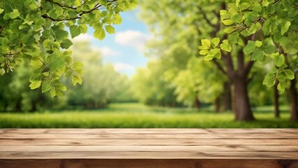 Spring nature background with green trees foliage and wooden table top