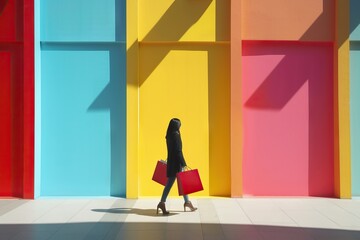 Woman with colorful shopping bags on colorful background. Generative AI - 733066644