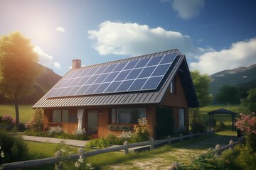 House with solar panels on roof. Alternative energy concept. Ai generated.
