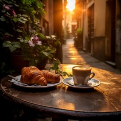 Tavolino in un romantico vicolo italiano con un cornetti glassati e una tazzina di caffè. Luce del tramonto crea un'atmosfera magica e suggestiva