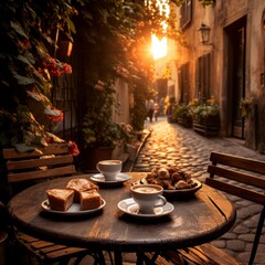 Tavolino in un romantico vicolo italiano con colazione e due tazzine di caffè. Luce del tramonto crea un'atmosfera magica e suggestiva - obrazy, fototapety, plakaty