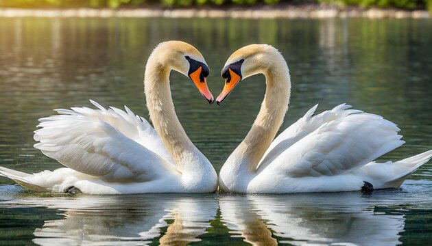 an image of two swimming swans whose necks are located towards each other in the shape of a heart isolated on transparent background