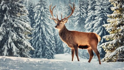 Naklejka na ściany i meble noble deer male in winter snow forest
