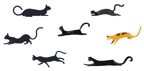 set of cats silhouettes. cats in different positions.