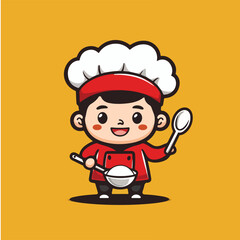 Cute Cartoon Chef Vector Illustration with Cooking Utensils and Ingredients