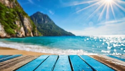 blue wooden board and blurred sparkling sea at the background it is possible to place your product summer holiday concept