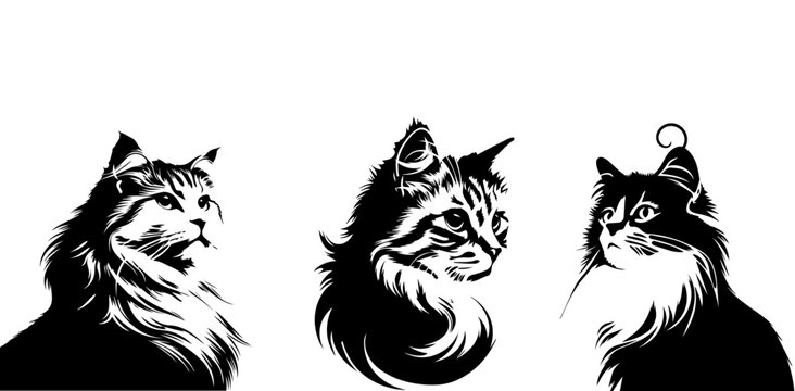 cat silhouette illustration. furry cat illustration, persian cat silhouette.